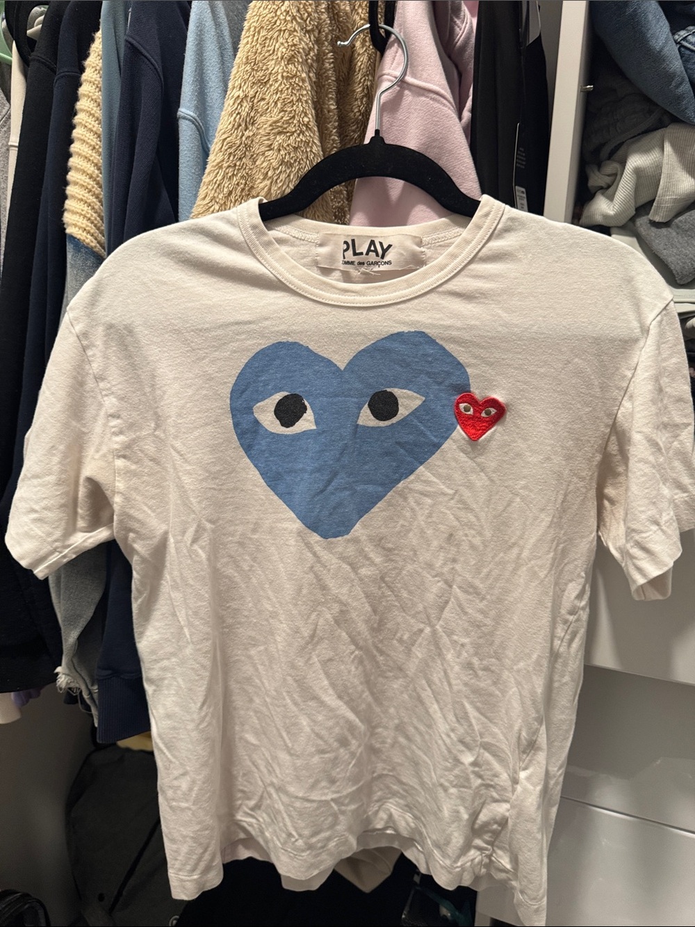Comme des Garcons PLAY White Tee with Large Blue Heart and Red Heart Patch